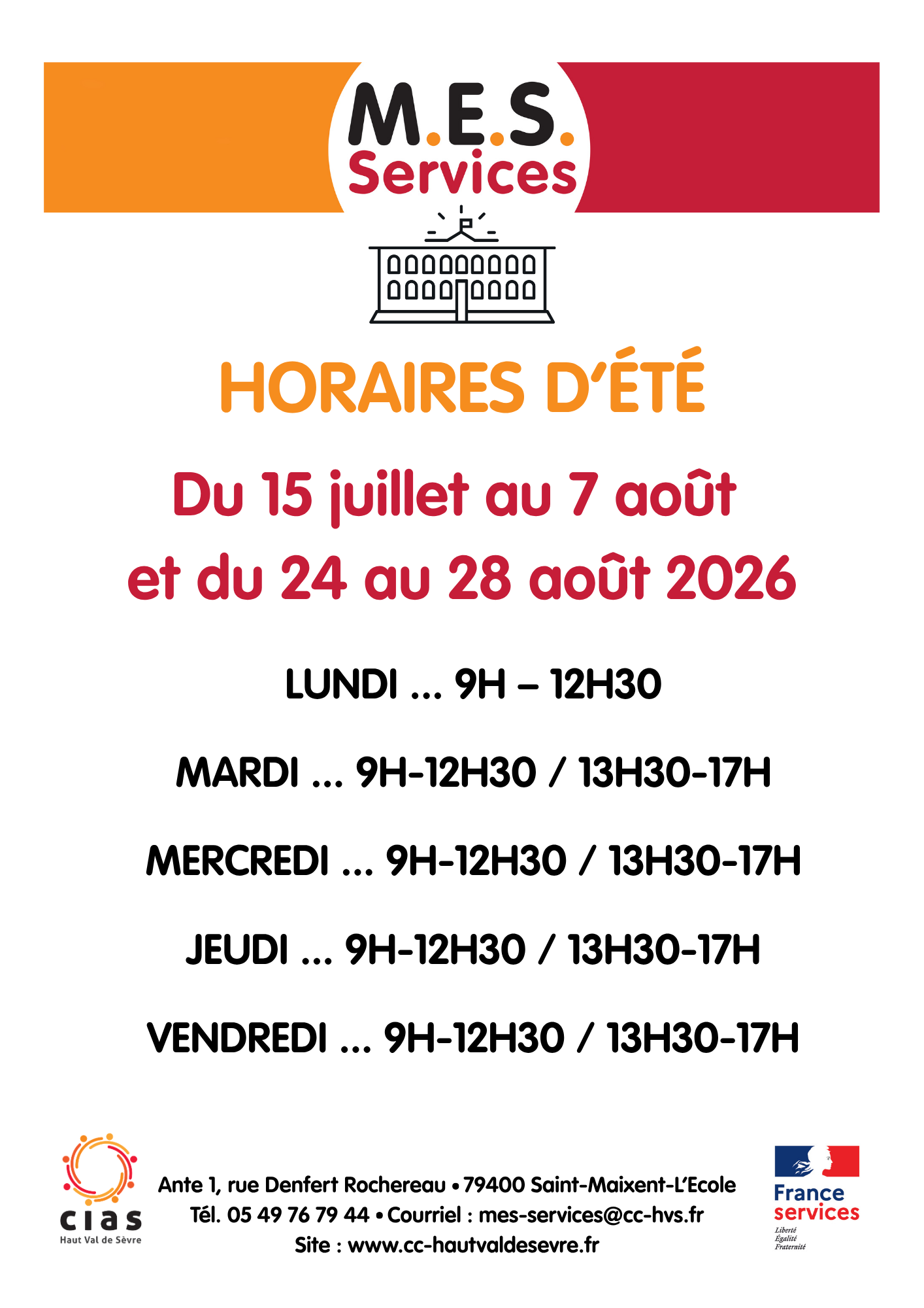 affiche horaires été M.E.S services 2025