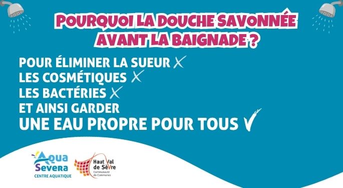Visuel illustrant les bonnes pratiques avant la baignade, invitant les usagers à prendre une douche savonnée afin de préserver la qualité de l'eau, le confort de tous et leur propre santé.